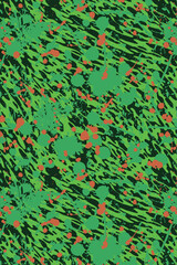 Poster - Chaotic paint splatter pattern in shades of green and orange against a black background