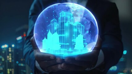 Poster - Futuristic Businessman Holding Holographic 3D City Model with Urban Skyline in Background