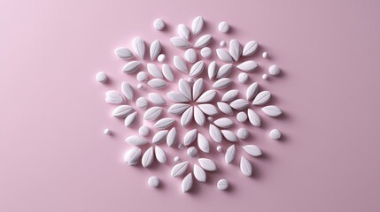 Aufkleber - Clean White Pills Arranged to Form a Blooming Flower Shape on a Soft Pink Surface Showcasing Wellness Minimalism
