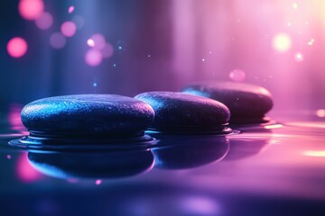 Poster - Smooth stones resting on water surface with soft glowing reflections during a serene moment