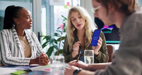 Poster - Business people, office and presentation for app development, phone screen and UI design tutorial. UX developer, stakeholders and testing of user interface homepage, explain function and usability