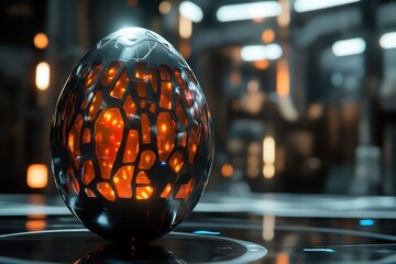 Poster - Futuristic egg with glowing patterns in a high-tech environment at night