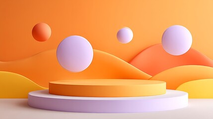 Poster - 3D model of a stage with a large orange and white platform. The platform is surrounded by several orange and white spheres, which are floating in the air. Concept of creativity and imagination