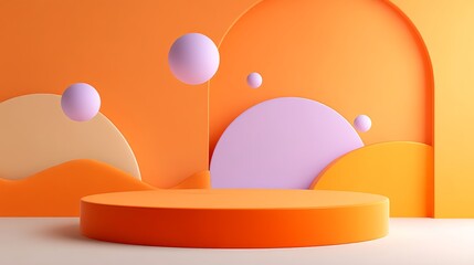 Poster - Large orange and pink stage with a curved surface and a lot of spheres. The stage is set up for a performance or show