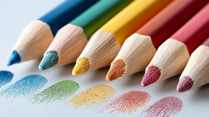 Poster - Row of colored pencils are lined up on a white surface. The pencils are of different colors and sizes, and they are arranged in a neat row. Concept of organization and order, as well as creativity