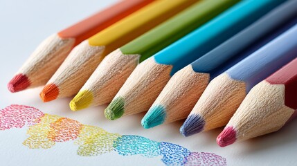 Poster - Row of colored pencils with a rainbow stripe on the left side. The pencils are arranged in a row, with the green one in the middle and the blue one on the right