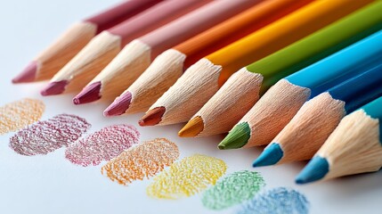 Poster - Row of colored pencils are lined up on a white background. The pencils are of various colors, including blue, green, and yellow. Concept of creativity and artistic expression