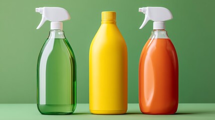 Poster - Three bottles of cleaning products are lined up on a green surface. The bottles are different colors and sizes, with one being green, one yellow, and one orange. The bottles are arranged in a row