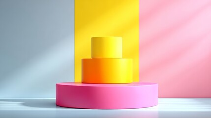 Poster - Three-tiered cake made of colorful blocks is displayed on a pink pedestal. The blocks are arranged in a way that creates a sense of height and depth