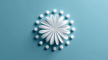 Aufkleber - Clean White Pill Arranged in a Blooming Flower Shape on a Soft Blue Background Reflecting Wellness and Minimalism During a Serene Moment