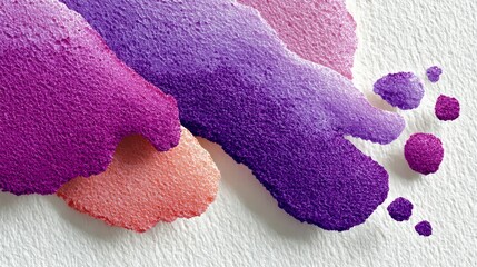 Poster - Painting of purple and pink splatters on a white background. The splatters are of different sizes and colors, creating a sense of movement and energy. The painting evokes a feeling of creativity