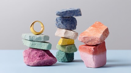 Poster - Stack of colorful rocks with a gold ring on top. The ring is yellow and has a gold band. The rocks are stacked in a pyramid shape, with the ring on top