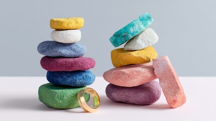 Poster - Stack of colorful rocks with a gold ring on top. The rocks are stacked in a pyramid shape