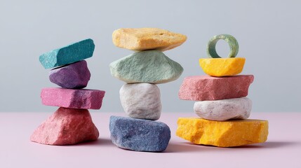Poster - Stack of colorful rocks on a table. The rocks are of different colors and sizes, and they are piled on top of each other. The arrangement of the rocks creates a visually interesting