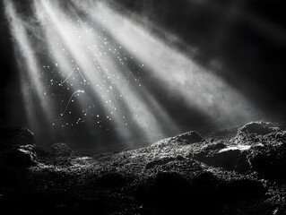 eerie monochrome scene celestial lights illuminate a rugged rocky landscape creating a mysterious at