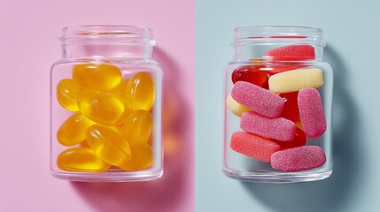 Poster - Two jars of candy, one with yellow and one with red and pink. The jars are in a clear glass and the candy is in different colors