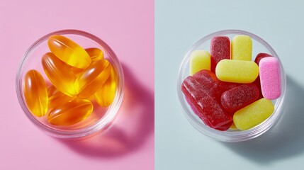 Poster - Two bowls of candy and vitamins. One bowl has yellow and orange pills and the other has red and yellow