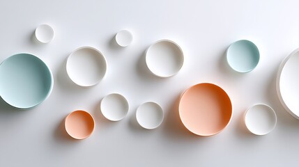 Poster - Collection of white and colored circles on a white background. The circles are of various sizes and colors, creating a visually interesting and dynamic composition. Scene is one of creativity