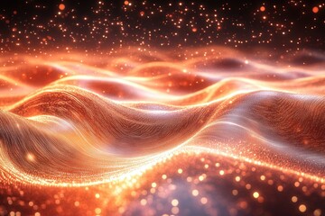 Poster - Waves of shimmering light create a surreal landscape of glowing particles in an abstract setting