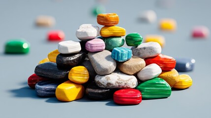 Poster - Pile of colorful rocks on a table. The rocks are of different sizes and colors, including black, white, red, yellow, and green. Concept of diversity and variety