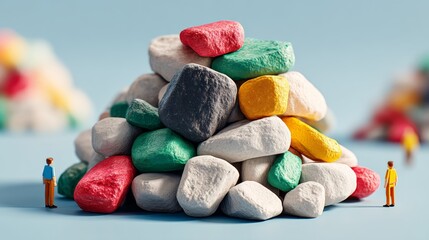 Poster - Pile of colorful rocks with two small figures standing on top of it. Concept of playfulness and creativity, as the figures seem to be playing with the rocks
