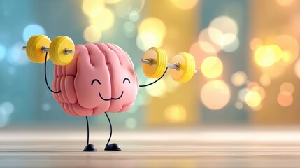 Leinwandbilder - Cheerful Brain Lifting Light Weights in a Bright, Colorful Space Promoting Fitness and Mental Health