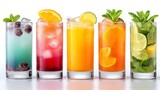 Row of colorful drinks in tall glasses. The drinks are made with fruit juices and ice. The drinks are arranged in a row, with the first drink being blue and the last drink being orange