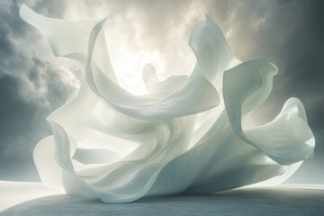 Poster - Ethereal white fabric swirls gracefully under dramatic cloudy sky