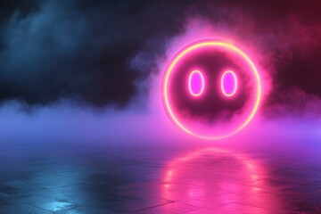 Poster - Bright neon smiley face shines through colorful mist in a darkened environment