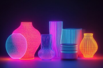 Poster - Colorful neon wireframe vases and objects arranged against a dark background