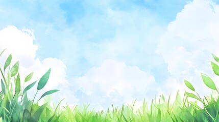 Aufkleber - 水彩画スタイル 青い空と緑の草地の風景 太陽の光と雲 自然の美しさ 背景デザイン