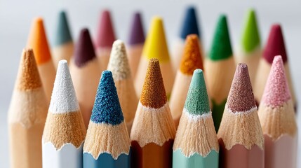 Poster - Row of colored pencils with a white tip. The pencils are lined up in a row, with the white tip of each pencil pointing to the right. The pencils are of various colors, including blue, green, and red