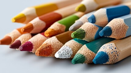 Poster - Row of pencils with different colors and tips. The pencils are lined up next to each other, with the tips pointing in different directions. Concept of organization and order