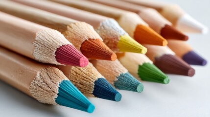 Poster - Collection of colored pencils, including green, are lined up in a row. The green pencil is in the middle of the row, with the other pencils on either side. The pencils are of various colors