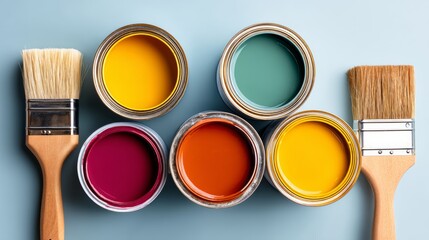 Poster - Row of paint cans with a wooden paint brush in between them. The paint cans are of different colors and sizes, and the brush is positioned in the middle of them