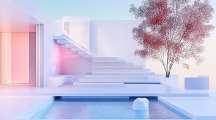 Poster - Minimalist architecture with white stairs, pool and a red tree creating a serene scene