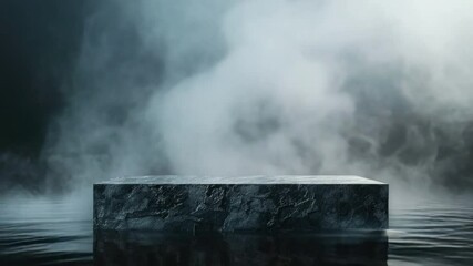 Poster - Abstract dark scene with mist and water surface featuring a stone slab in a mystical atmosphere of mystery and serenity