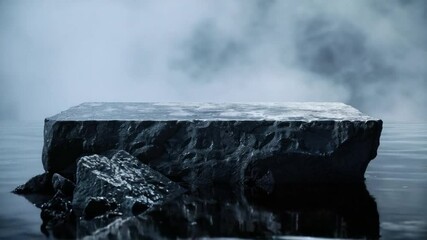 Poster - Dark Stone Surface Emerging from Misty Water with Ethereal Background for Nature and Landscape Themes