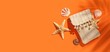 © Pixel-Shot - Composition with stylish beach bag and sea shells on orange background with space for text