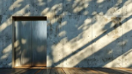 Poster - Elevator doors set in a sleek concrete wall reflect afternoon light, casting dynamic shadows across the wooden floor
