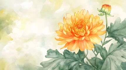 Aufkleber - オレンジ色の菊の花の水彩画 背景に緑色の葉と蕾 咲いている花の芸術的な描写