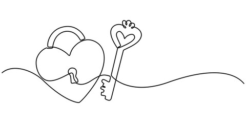 Poster - Continuous one line drawing of a heart shaped lock and key. Vector illustration, Continuous line drawing. Lock and key. Heart shape. Valentine's day. Template for love cards and invitations. Isolated.