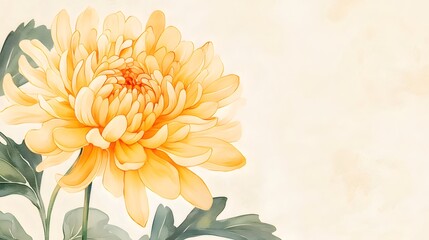 Aufkleber - 水彩画の黄色の菊の花一輪と緑の葉 背景は淡い色合いのシンプルなデザイン
