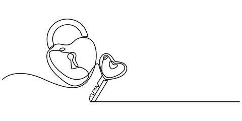 Poster - Continuous one line drawing of a heart shaped lock and key. Vector illustration, Continuous line drawing. Lock and key. Heart shape. Valentine's day. Template for love cards and invitations. Isolated.