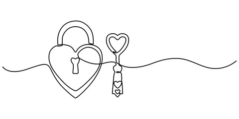Poster - Continuous one line drawing of a heart shaped lock and key. Vector illustration, Continuous line drawing. Lock and key. Heart shape. Valentine's day. Template for love cards and invitations. Isolated.