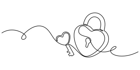 Poster - Continuous one line drawing of a heart shaped lock and key. Vector illustration, Continuous line drawing. Lock and key. Heart shape. Valentine's day. Template for love cards and invitations. Isolated.