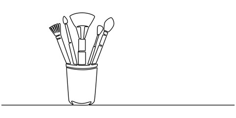 Aufkleber - Continuous one line drawing of pencils and brushes in a glass. Brush and pencils in single line draw illustration. Editable stroke, Stationery container with pencil, pens, rulers outline drawing pro..
