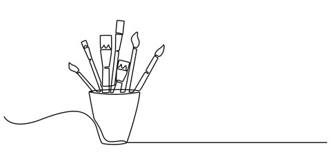 Aufkleber - Continuous one line drawing of pencils and brushes in a glass. Brush and pencils in single line draw illustration. Editable stroke, Stationery container with pencil, pens, rulers outline drawing pro..