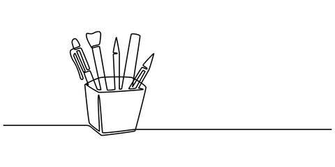 Aufkleber - Continuous one line drawing of pencils and brushes in a glass. Brush and pencils in single line draw illustration. Editable stroke, Stationery container with pencil, pens, rulers outline drawing pro..