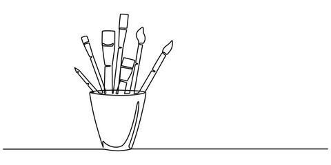 Aufkleber - Continuous one line drawing of pencils and brushes in a glass. Brush and pencils in single line draw illustration. Editable stroke, Stationery container with pencil, pens, rulers outline drawing pro..